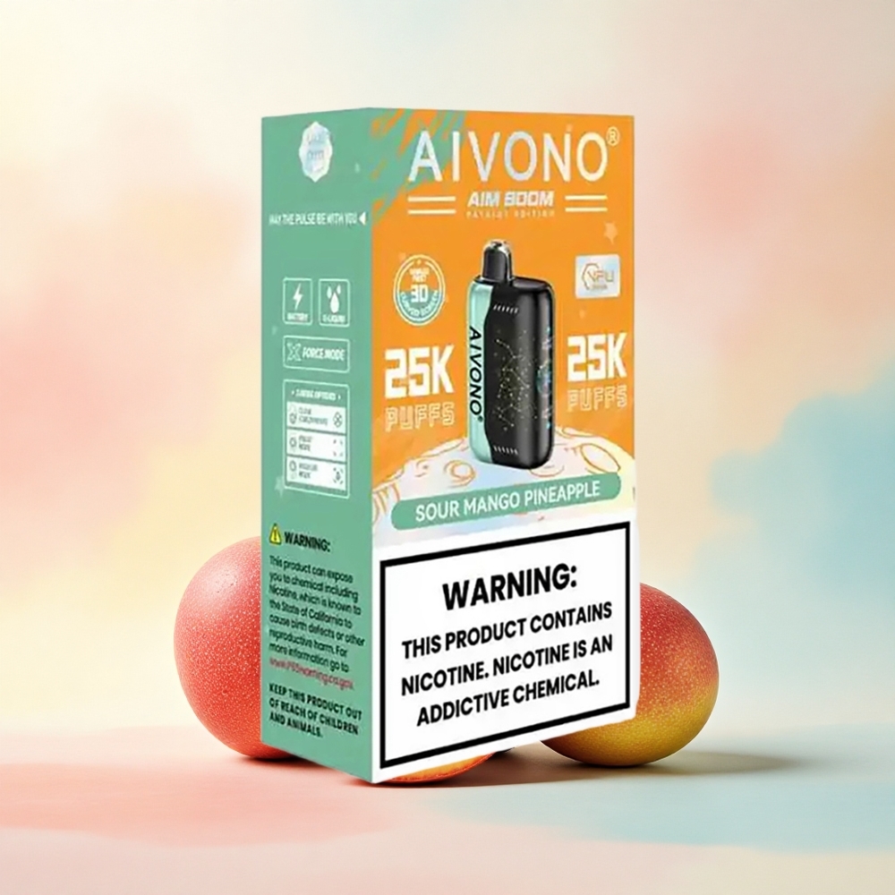 Aivono Aim Boom 25000 Skābo Mango Ananāsu ar 0% nikotīna saturu un 650mAh bateriju